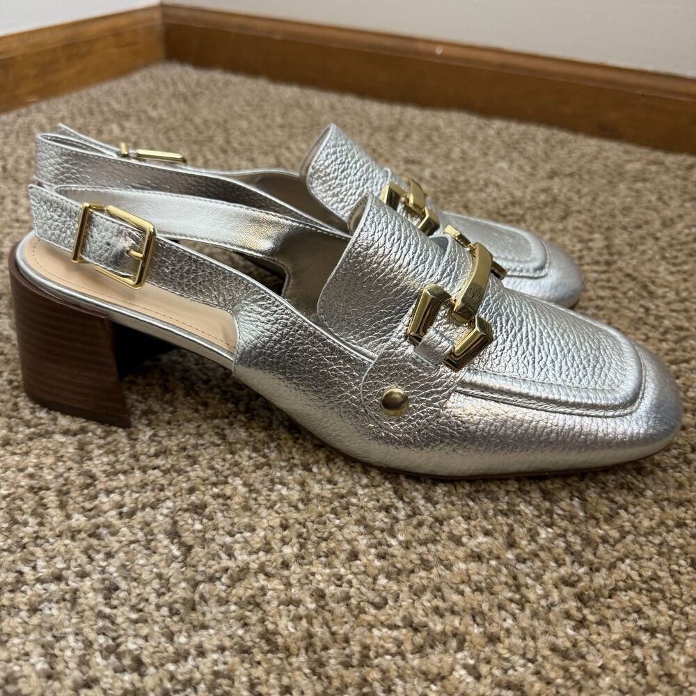 Arezzo Silver & Gold Buckle Slingback Loafers Womens EU 41 Made In Brazil EUC